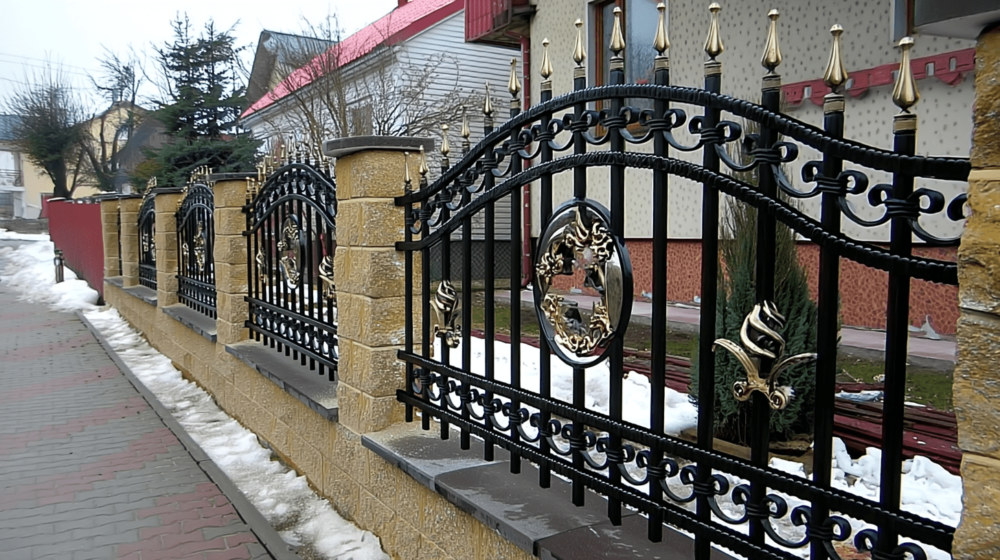 Eleganter handgeschmiedeter Zaun mit ornamentalen Verzierungen, klassischen Spiralmustern und zentralem Medaillon auf Sandstein-Sockeln