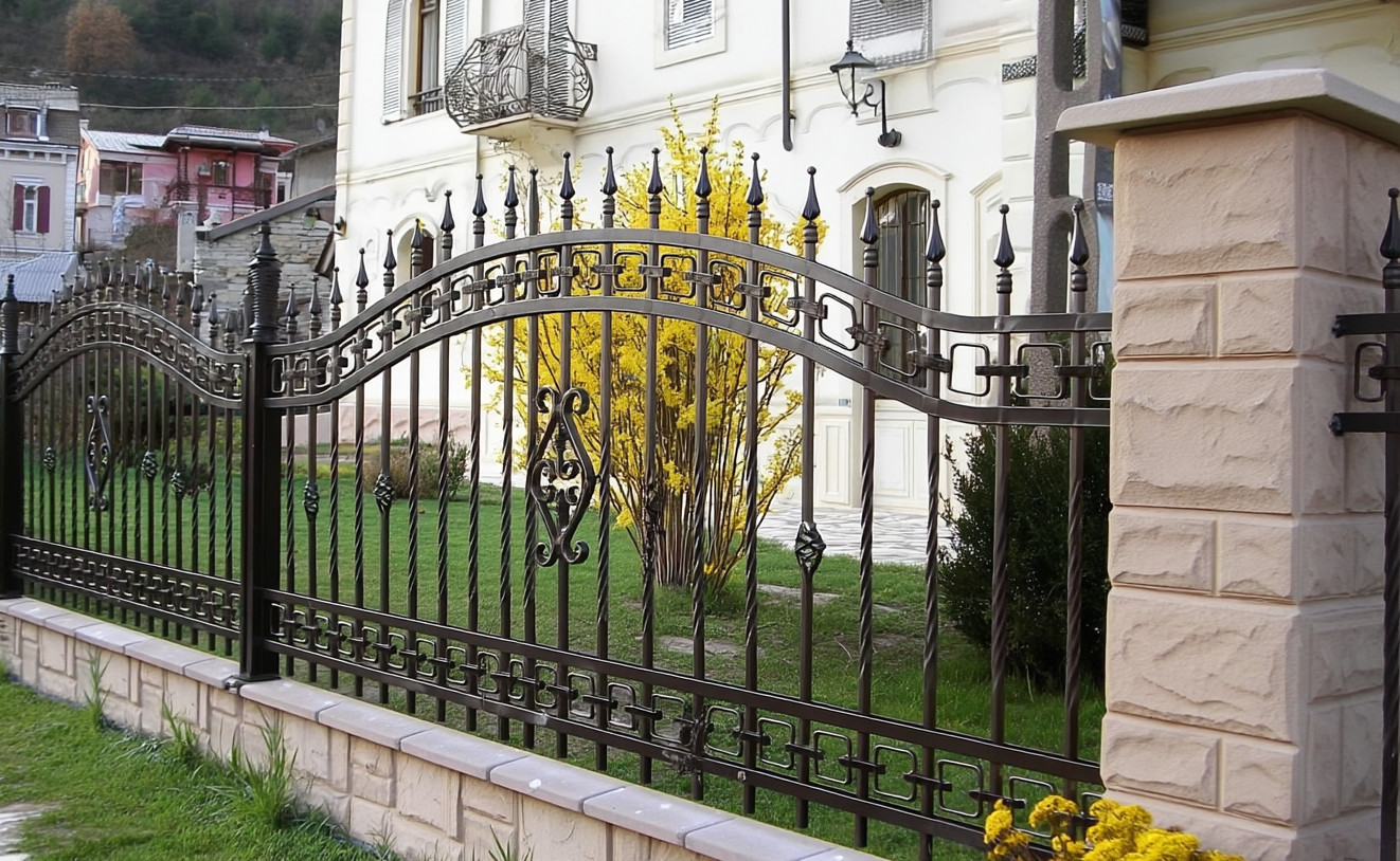 Hochwertiges handgeschmiedetes schwarzes Eisengeländer mit geometrischen Ornamenten auf Natursteinpfeilern vor repräsentativem Gebäude