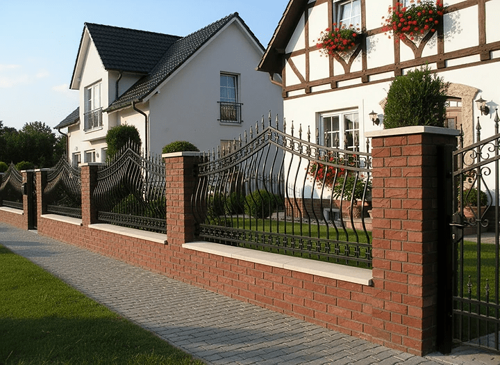 Geschmiedeter Zaun vor traditionellem Fachwerkhaus