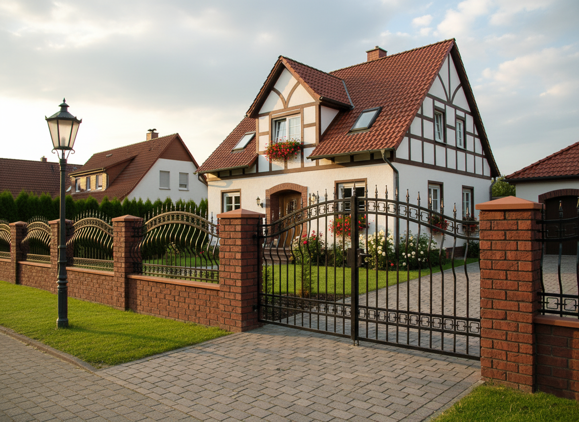 Handgeschmiedetes Eisengeländer mit geometrischen Mustern und Zierspitzen auf Backsteinmauer vor gelbem Gebäude