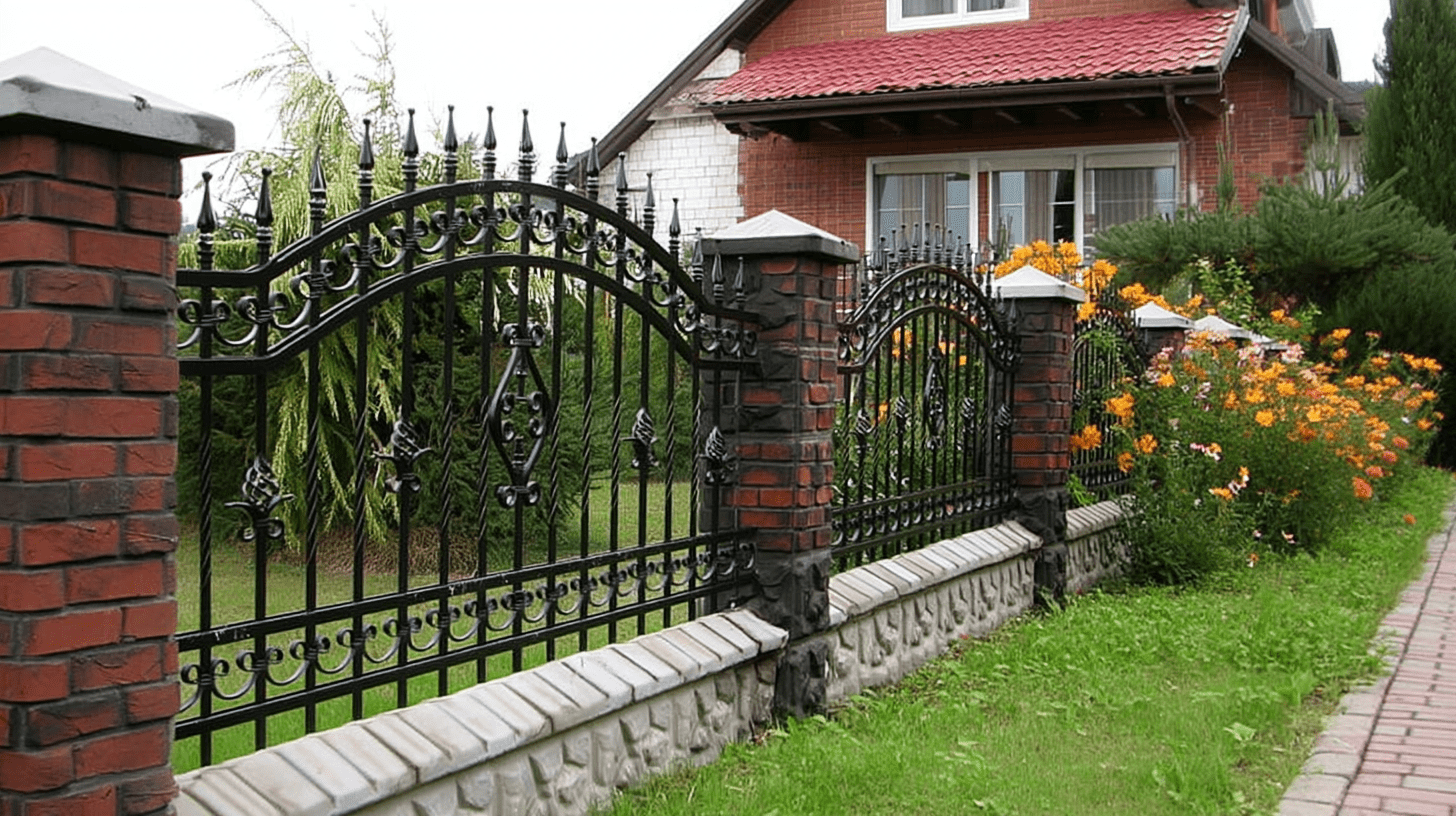 Handgeschmiedetes schwarzes Eisengeländer mit Spiralmustern und Zierspitzen vor Backsteinhaus mit rotem Dach und blühendem Garten