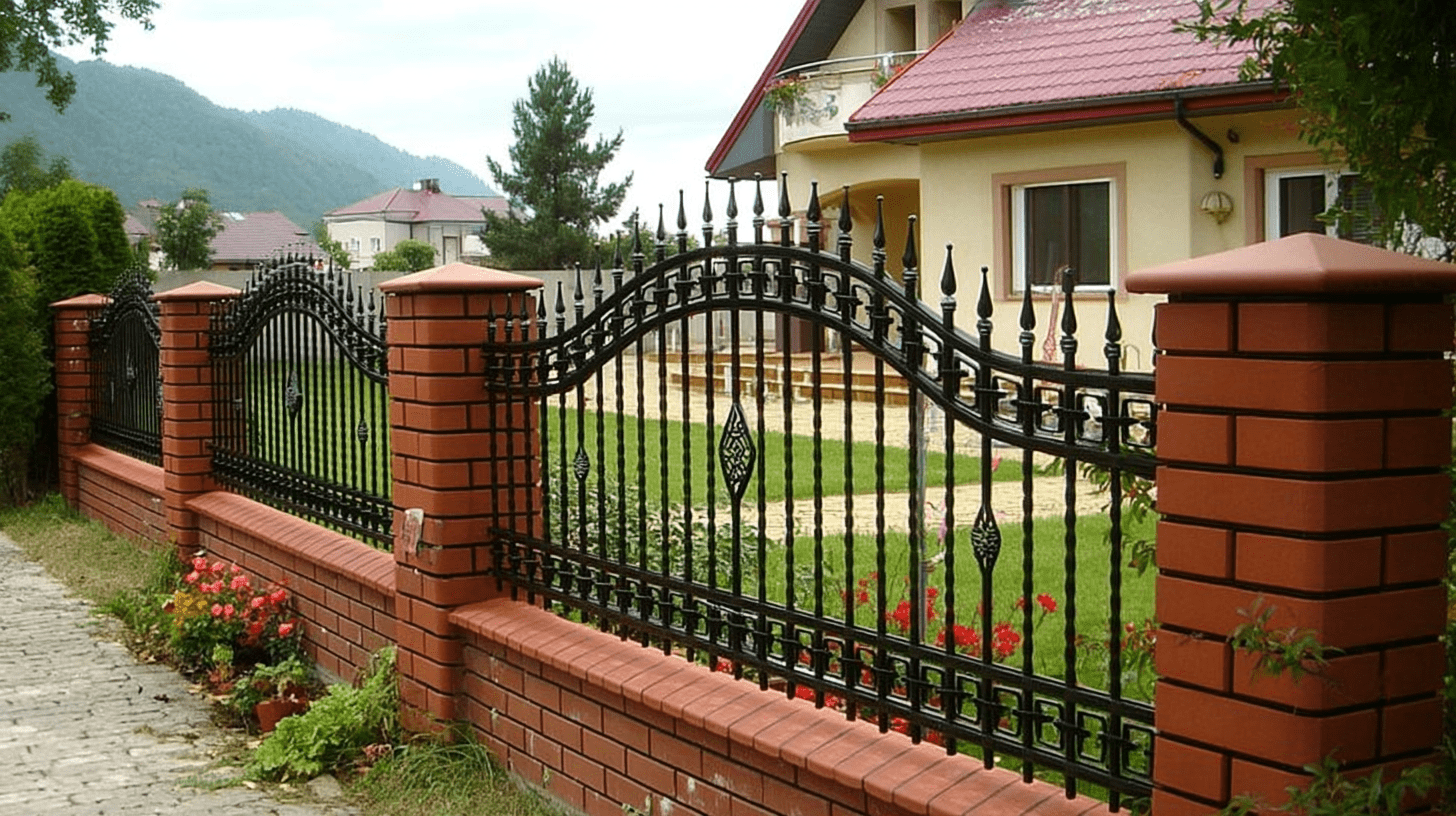 Professionell installiertes handgeschmiedetes schwarzes Eisengeländer mit Rautenmuster und Zierspitzen auf roten Backsteinpfeilern vor Wohnhaus in bergiger Landschaft