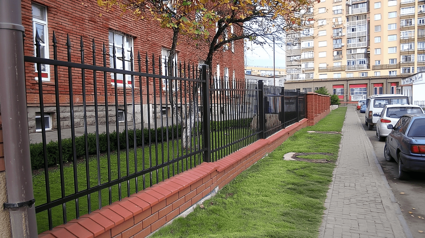 Professionell installierter schwarzer Metallzaun mit vertikalen Stäben auf roter Ziegelmauer entlang Wohnstraße in deutscher Wohnsiedlung