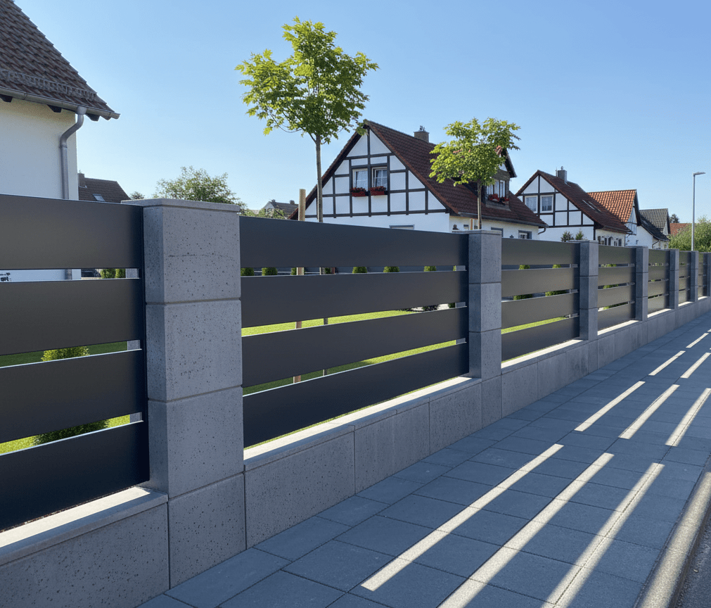 Aluminiumzaun Anthrazit mit Betonsäulen und Fachwerkhäusern
