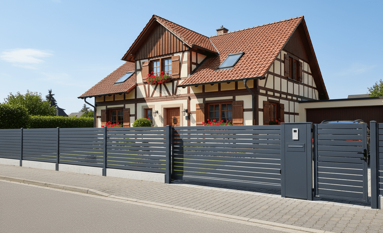 Aluminiumzaun mit Lamellen vor Fachwerkhaus