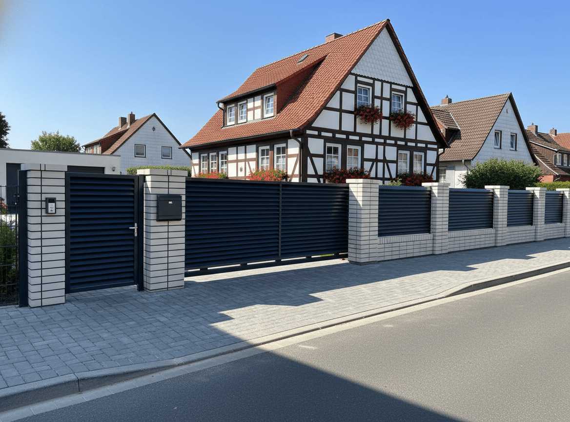 Anthrazitfarbener Lamellenzaun mit weißen Klinkerpfeilern vor Fachwerkhaus