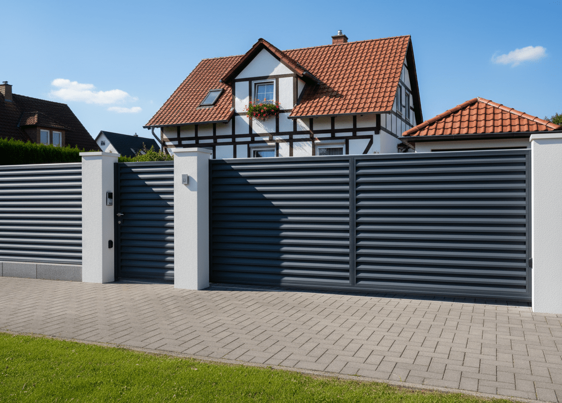 Anthrazitfarbener Lamellenzaun mit weißen Pfeilern vor Fachwerkhaus