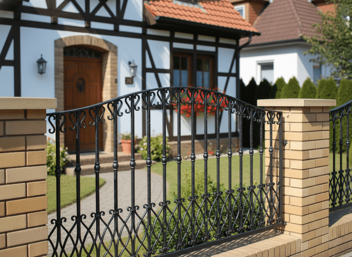 Detail geschmiedeter Zaun vor Fachwerkhaus