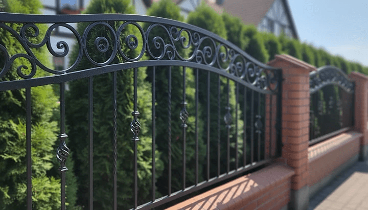 Detailaufnahme geschmiedeter Eisenzaun mit Ornamenten und Backsteinpfeilern