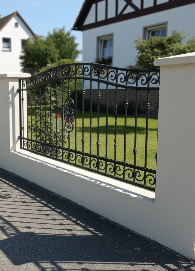 Detailaufnahme geschmiedeter Eisenzaun mit weißen Pfeilern und Fachwerkhaus