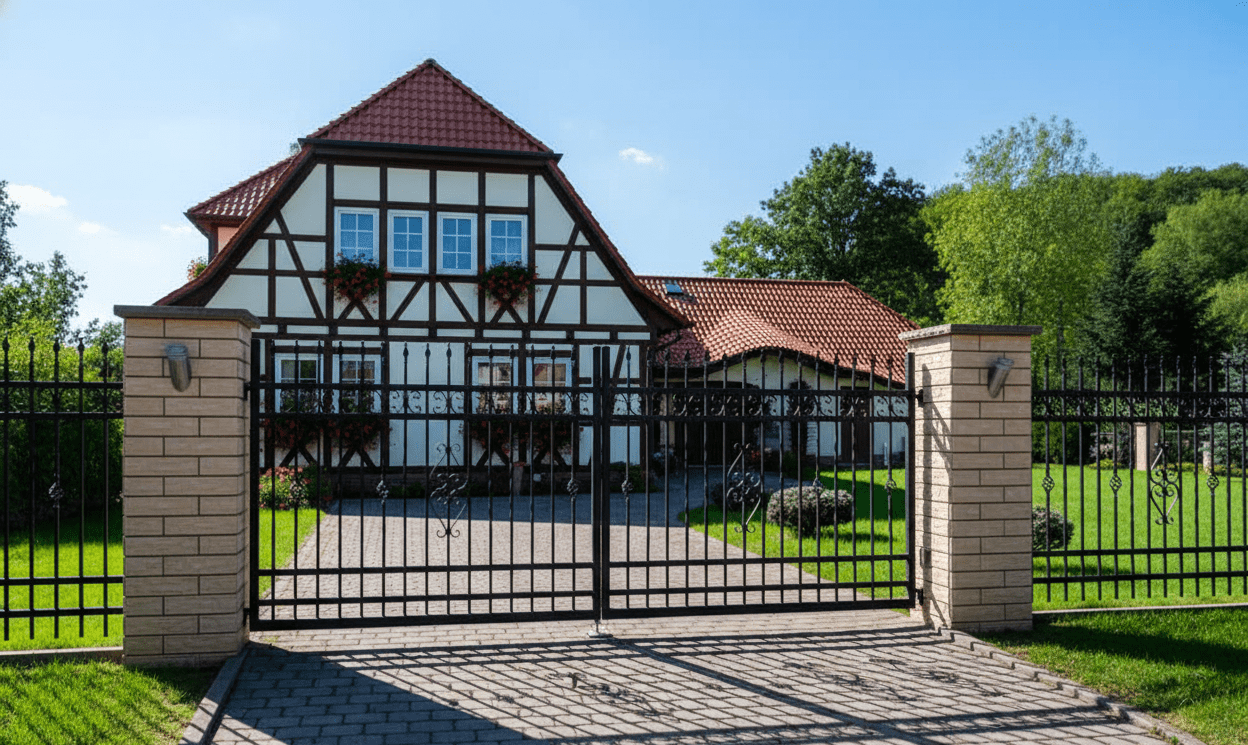 Doppelflügeltor aus Schmiedeeisen mit Sandsteinpfeilern vor Fachwerkhaus