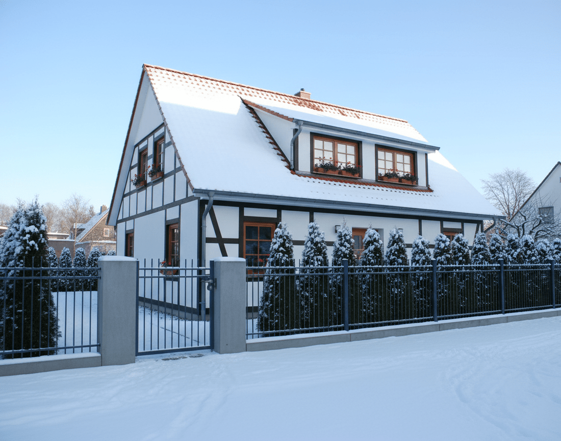 Einfamilienhaus mit Metallzaun im Winter