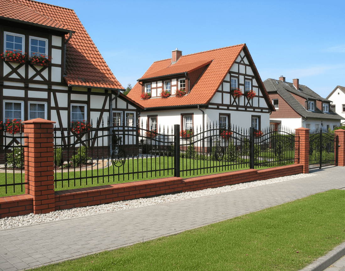Eleganter Metallzaun mit roten Ziegelpfeilern