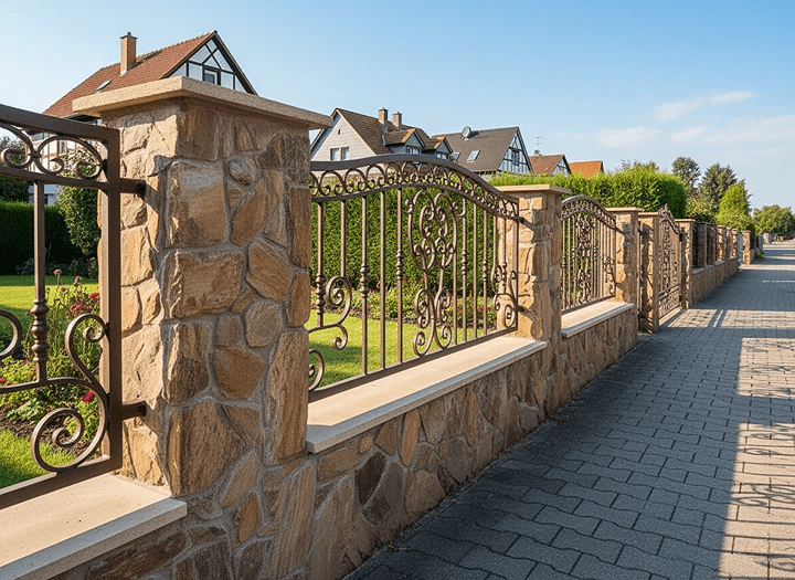 Eleganter schmiedeeiserner Zaun mit Natursteinmauer und Garten