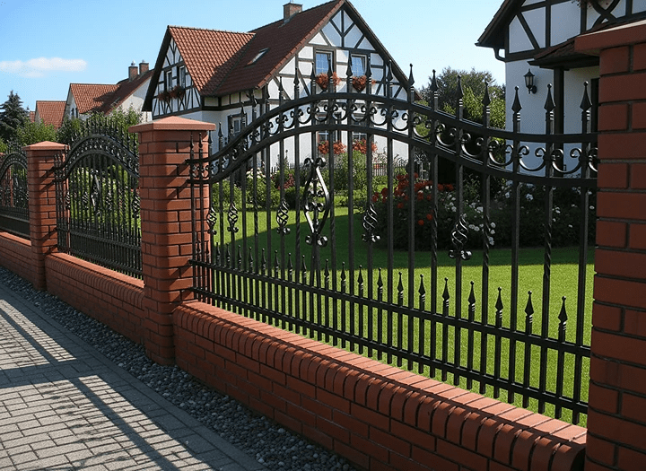 Eleganter schmiedeeiserner Zaun mit roten Backsteinpfeilern