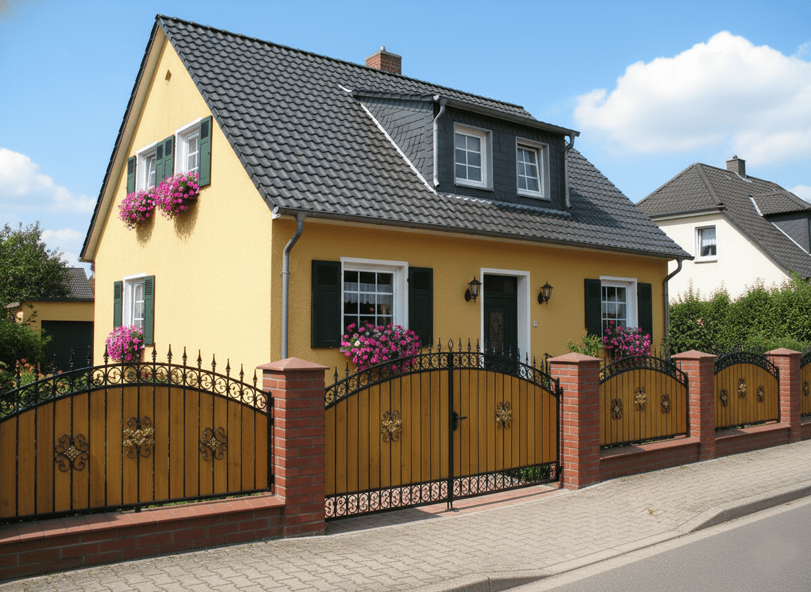 Gartenzaun mit Holzelementen vor gelbem Einfamilienhaus