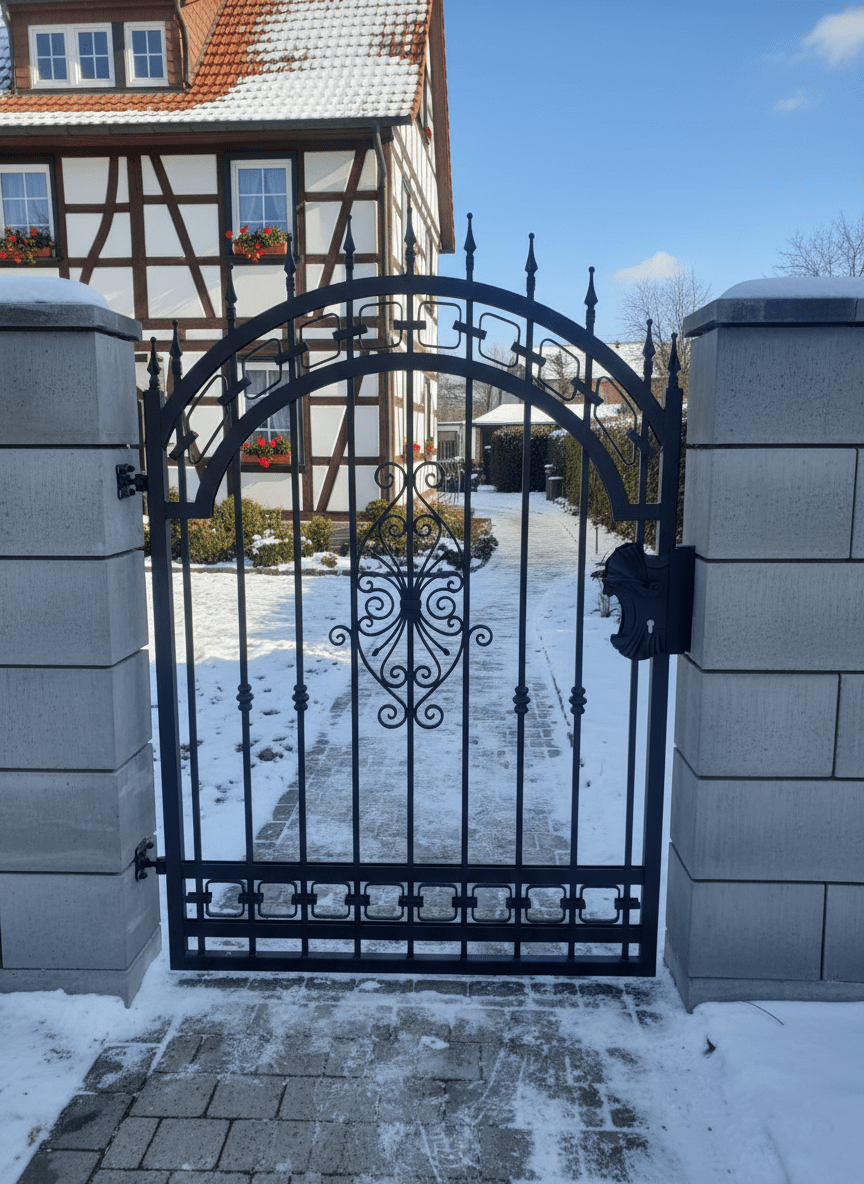 Geschmiedete Gartentür aus Eisen im Winter vor Fachwerkhaus