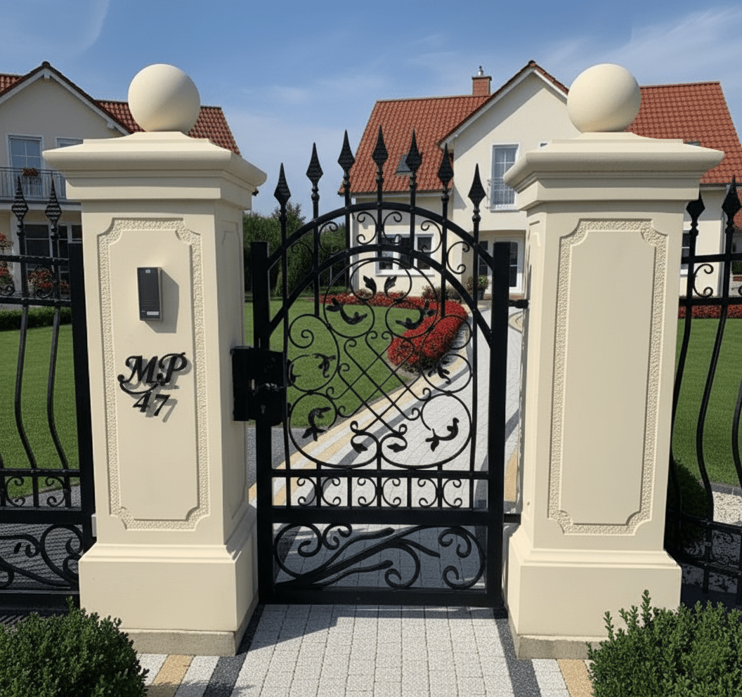 Geschmiedete Gartentür mit dekorativen Pfeilern vor Einfamilienhaus