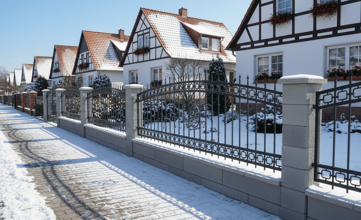 Geschmiedeter Eisenzaun im Winter vor Fachwerkhäusern