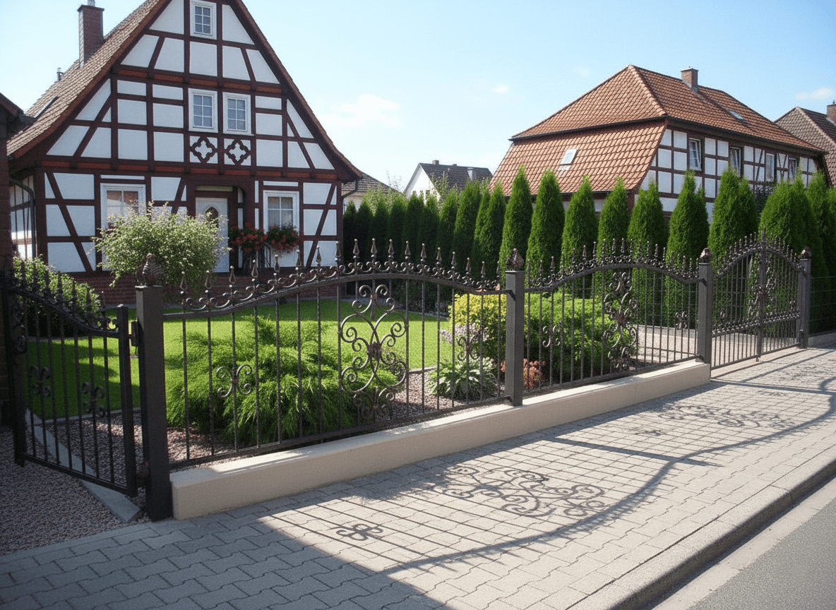 Geschmiedeter Eisenzaun mit Tor und Fachwerkhaus im Hintergrund