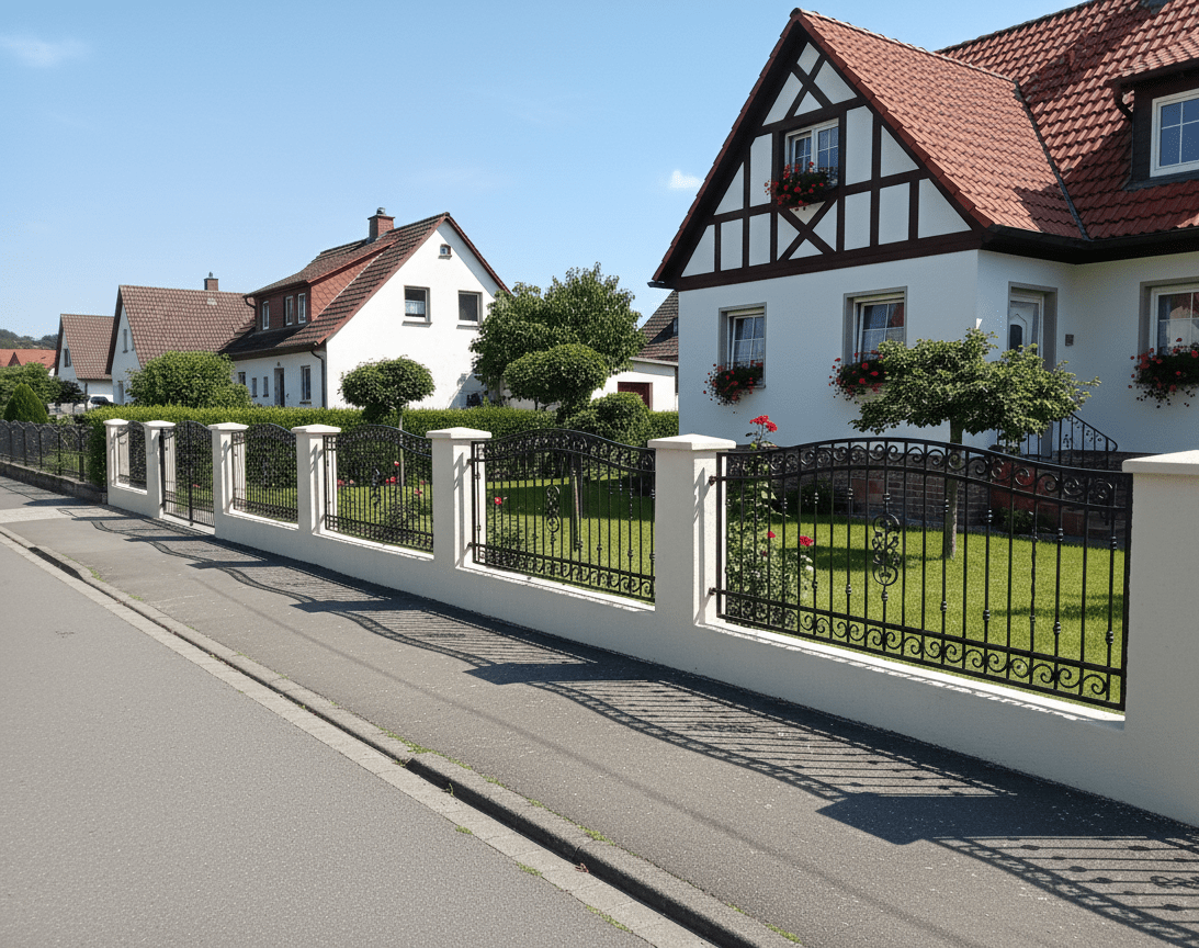 Geschmiedeter Gartenzaun mit weißen Pfeilern vor Fachwerkhäusern