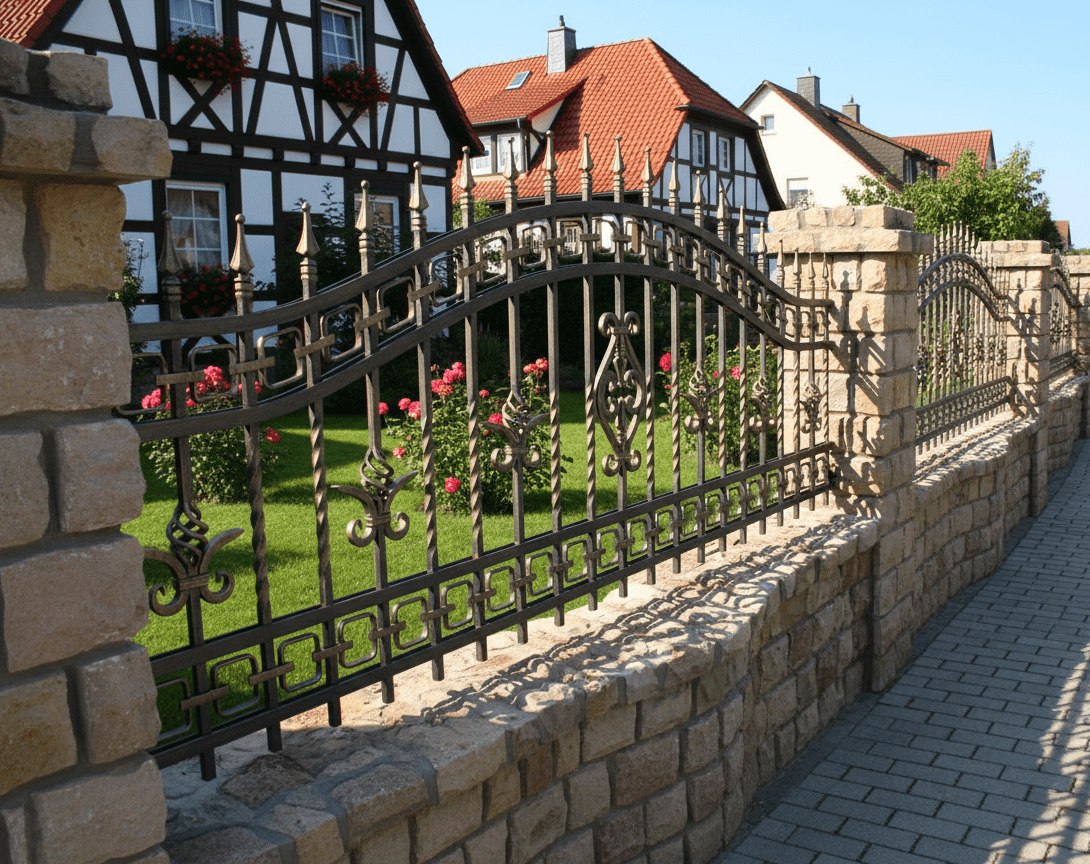 Geschmiedeter Steinzaun mit verzierten Metallfeldern