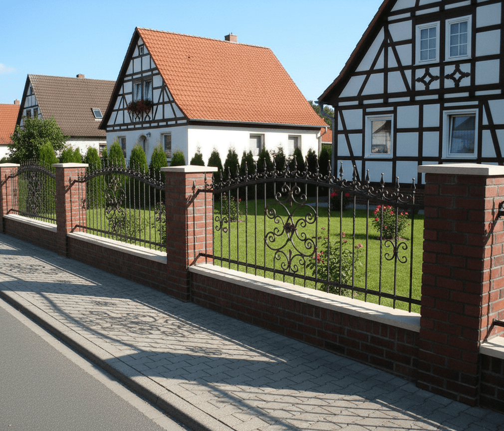 Geschmiedeter Zaun mit Backsteinpfeilern und Fachwerkhäusern