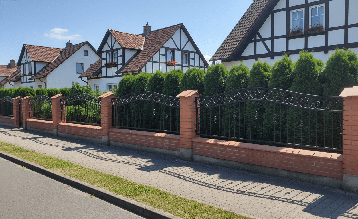 Geschmiedeter Zaun mit Backsteinpfeilern und Lebensbaumhecke