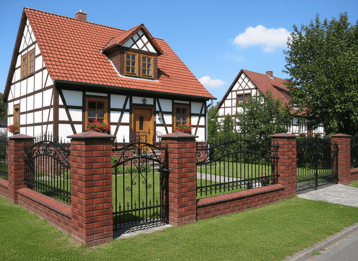 Geschmiedeter Zaun mit Backsteinsäulen vor Fachwerkhaus