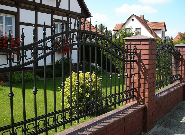 Geschmiedeter Zaun mit dekorativen Elementen und Backsteinpfeilern vor Fachwerkhaus