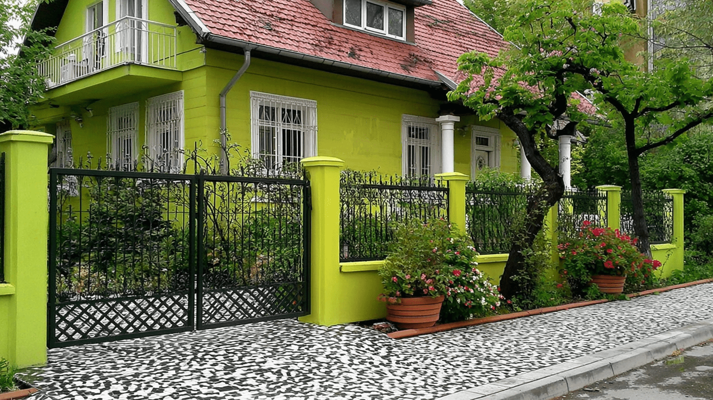 Geschmiedeter Zaun mit grünen Pfeilern