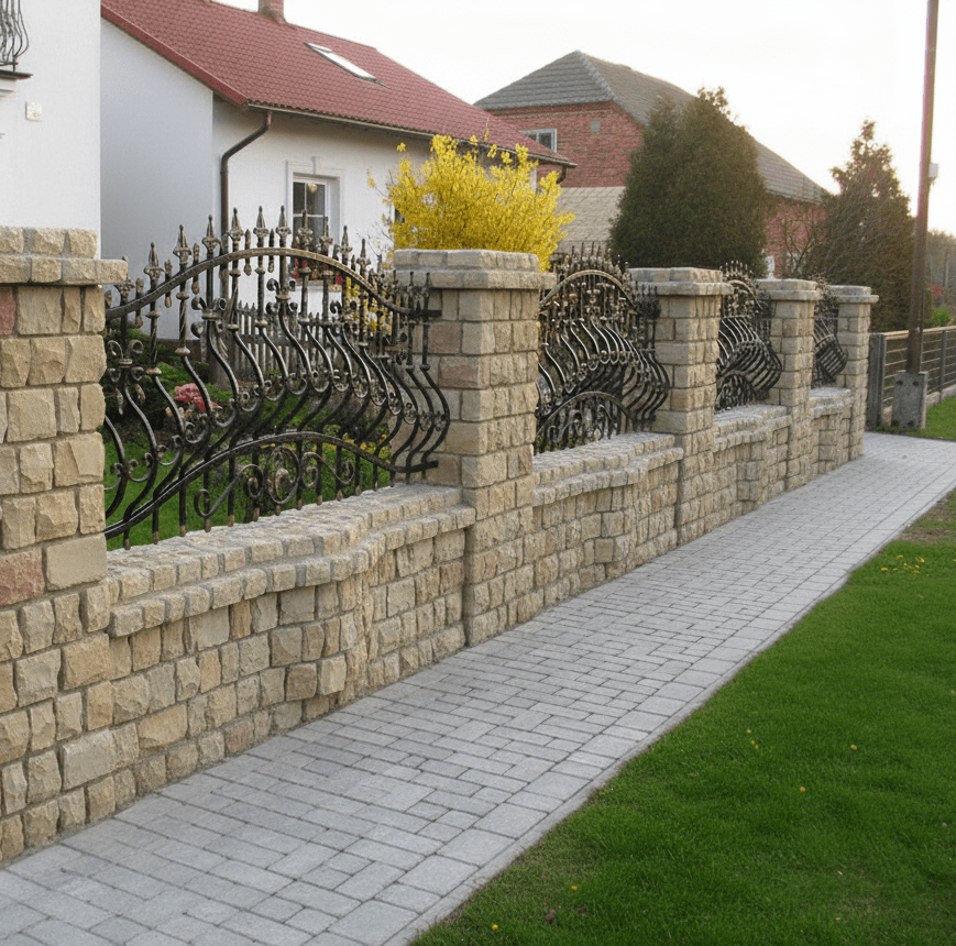 Geschmiedeter Zaun mit Natursteinmauer und Säulen