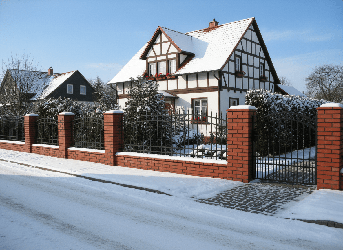 Geschmiedeter Zaun mit roten Backsteinpfeilern im Winter vor Fachwerkhaus
