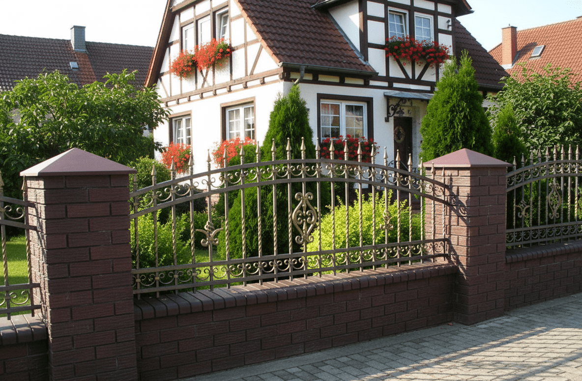 Geschmiedeter Ziegelzaun mit dekorativen Metallmustern