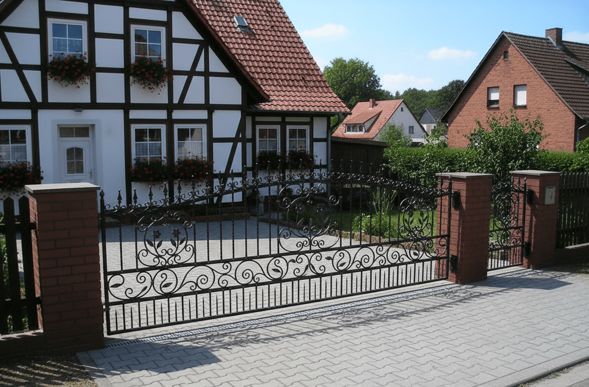 Geschmiedetes Eisentor mit Backsteinpfeilern vor Fachwerkhaus