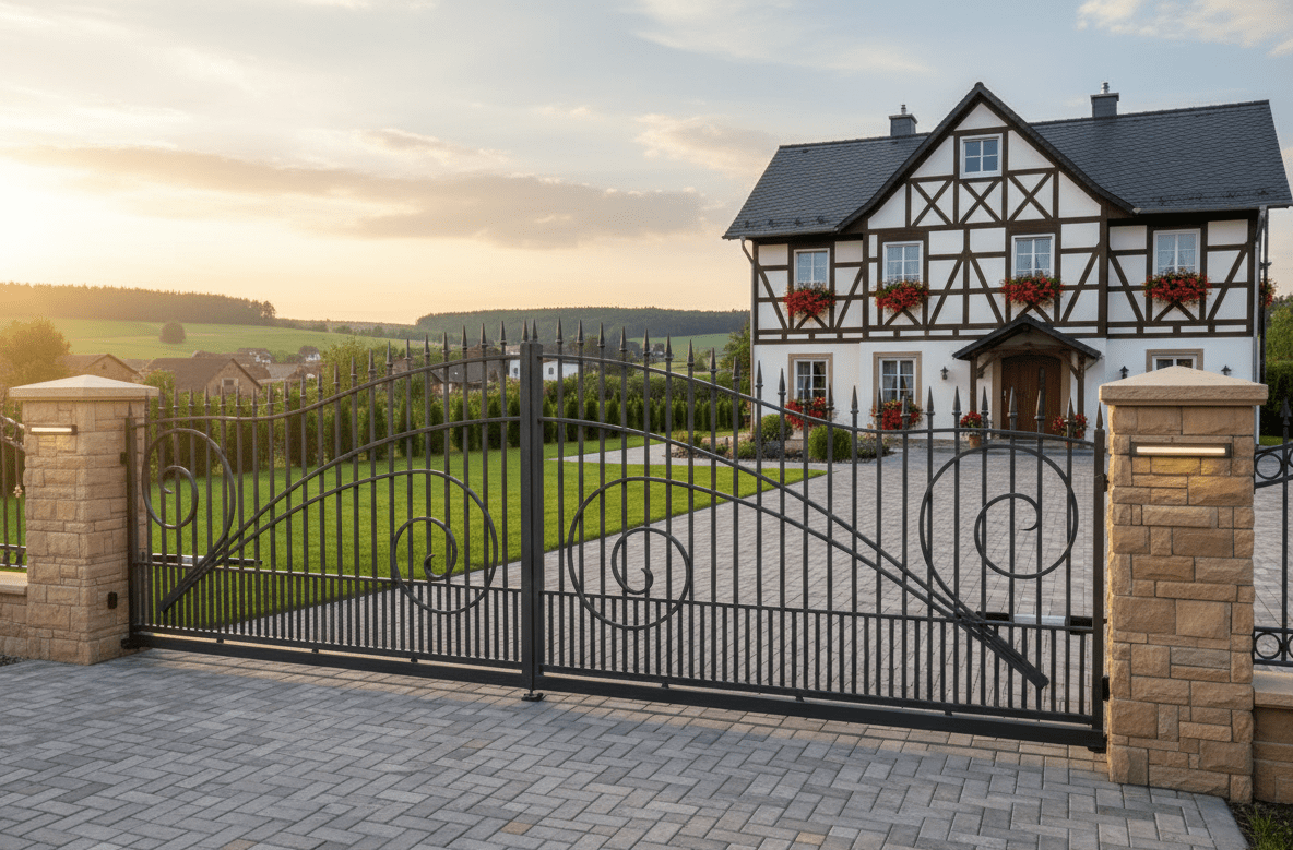 Geschmiedetes Eisentor vor Fachwerkhaus