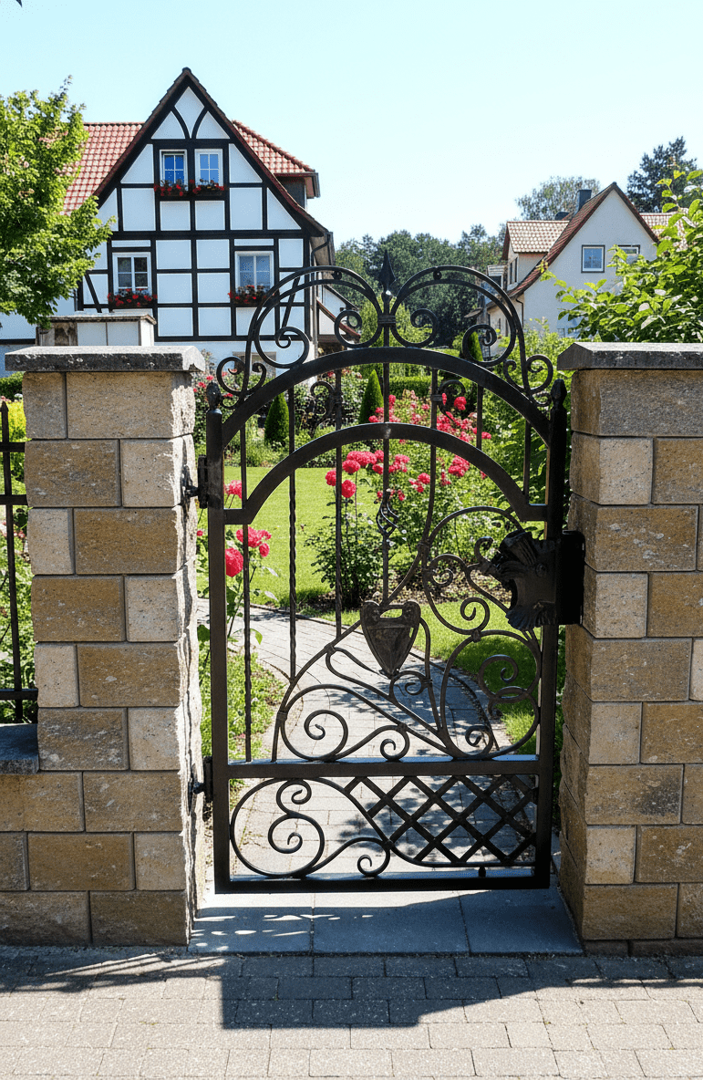 Geschmiedetes Gartentor aus Eisen mit Betonpfeilern und Rosengarten