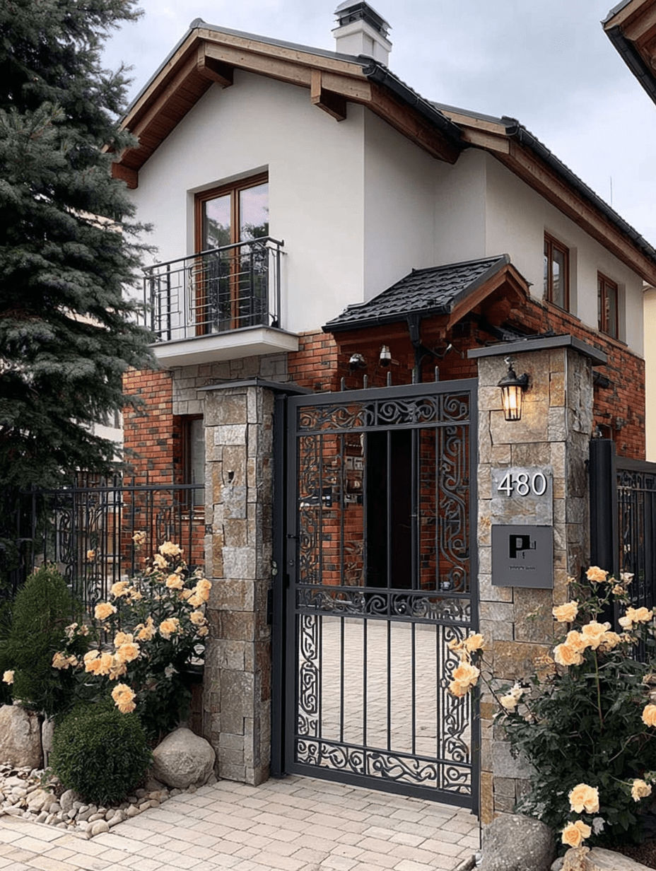 Elegantes handgeschmiedetes Gartentor mit ornamentalen Verzierungen und Natursteinpfeilern vor luxuriösem Wohnhaus