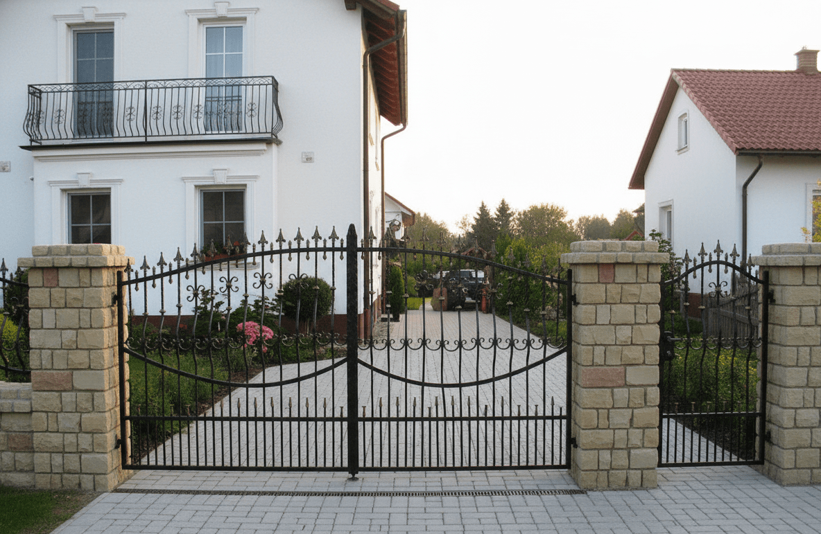 Geschmiedetes Tor mit Pforte und Steinpfeilern