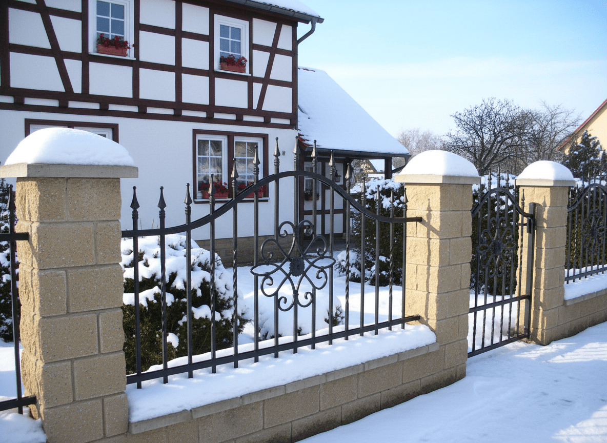 Geschmiedetes Tor und Zaun mit Steinsäulen im Winter