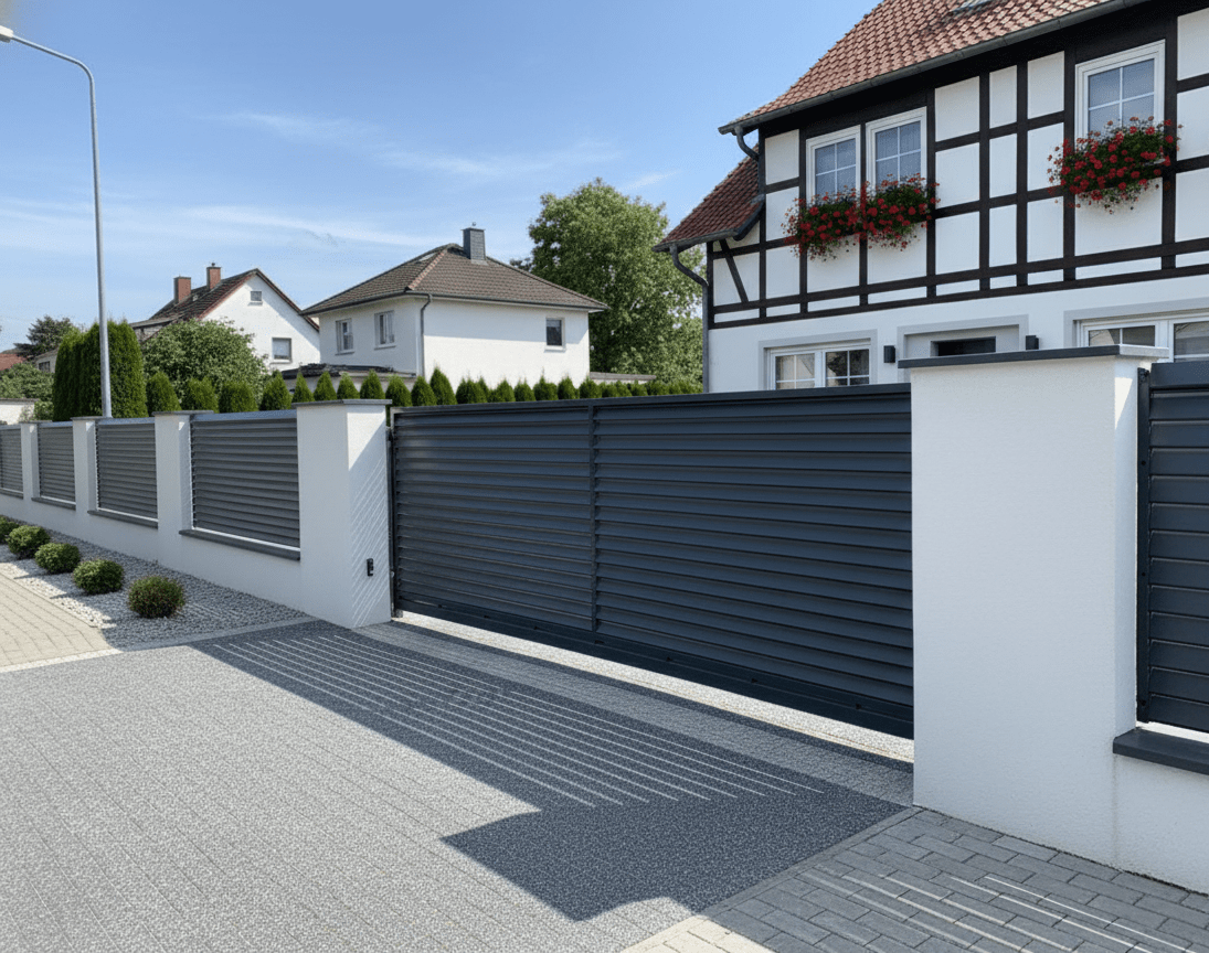 Grauer Lamellenzaun mit weißen Pfeilern vor Fachwerkhaus