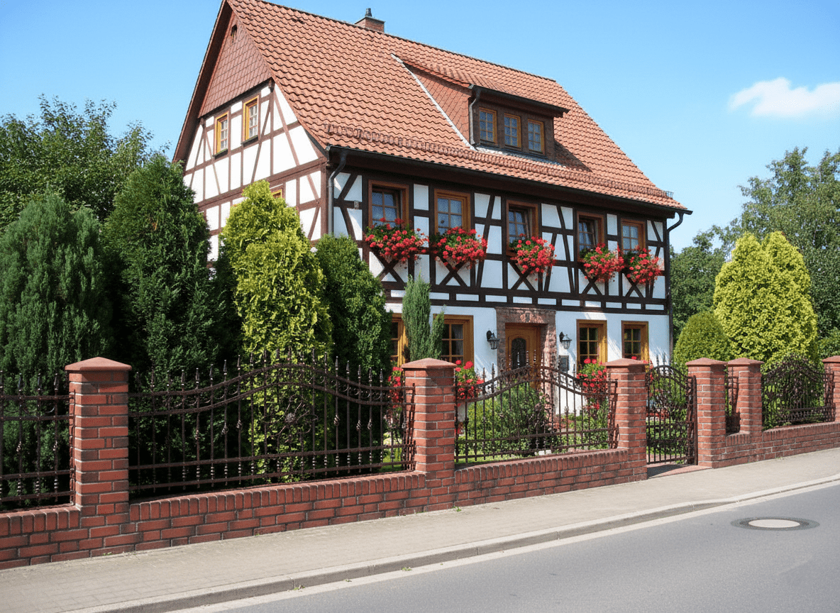 Handgeschmiedeter Zaun mit roten Backsteinsäulen vor Fachwerkhaus