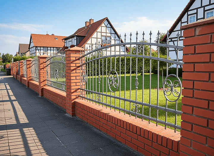 Hellgrauer Metallzaun mit roter Backsteinmauer
