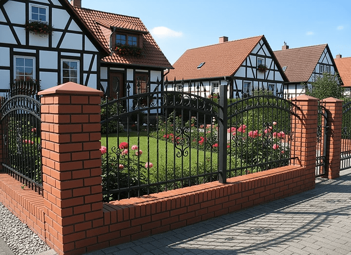 Klassischer Metallzaun mit roten Ziegelpfeilern