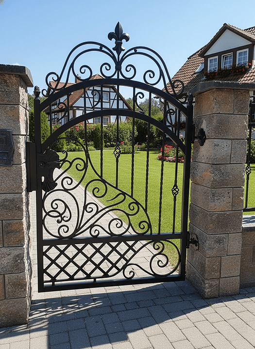 Kunstvoll geschmiedetes Tor aus Eisen mit Betonpfeilern
