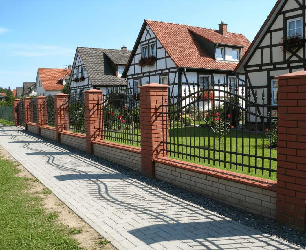 Metallzaun mit roten Ziegelpfeilern im Sonnenlicht