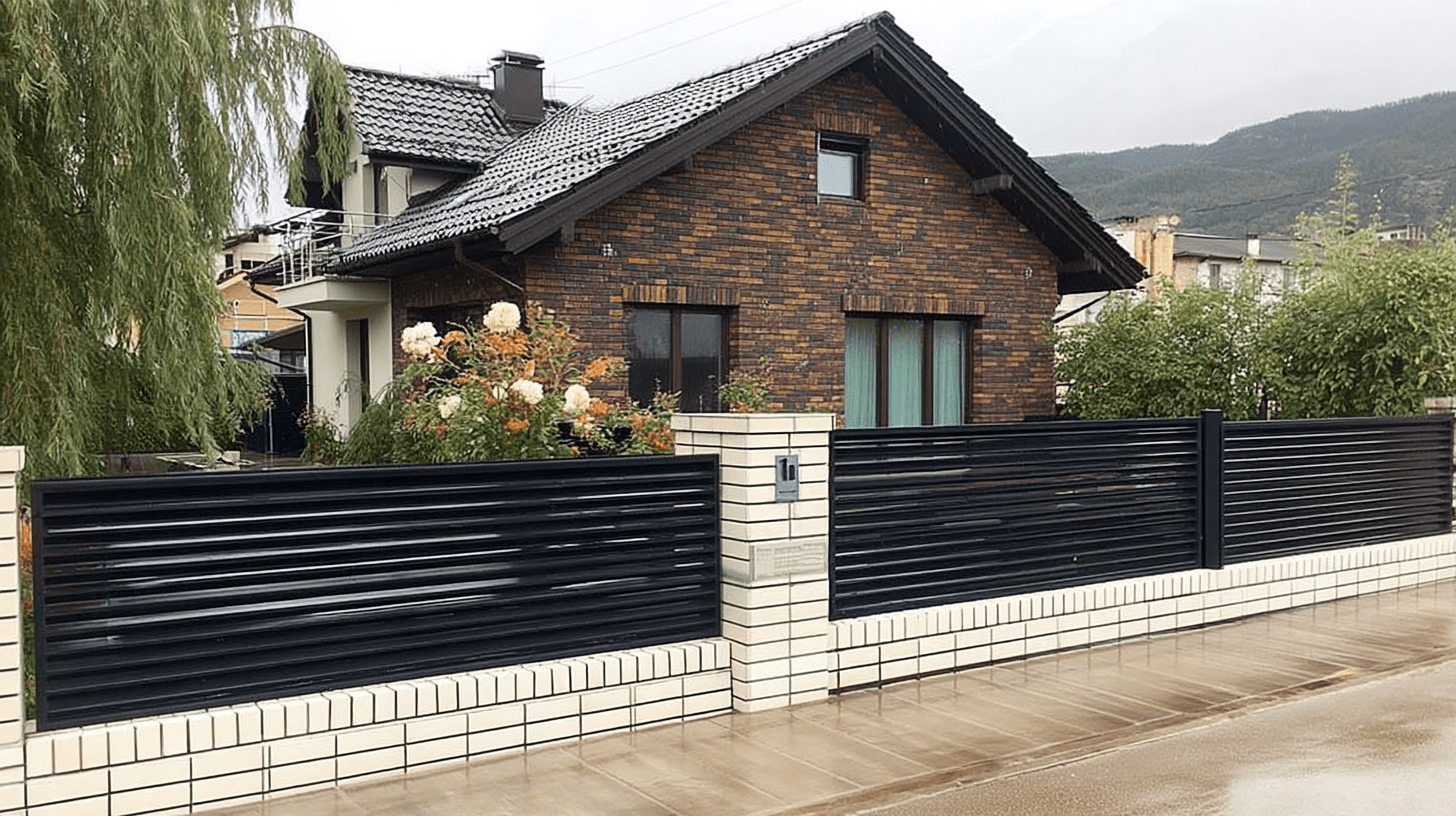 Moderner schwarzer Aluminiumzaun mit horizontalen Lamellen auf hellen Ziegelpfeilern vor Klinkerhaus in bergiger Landschaft