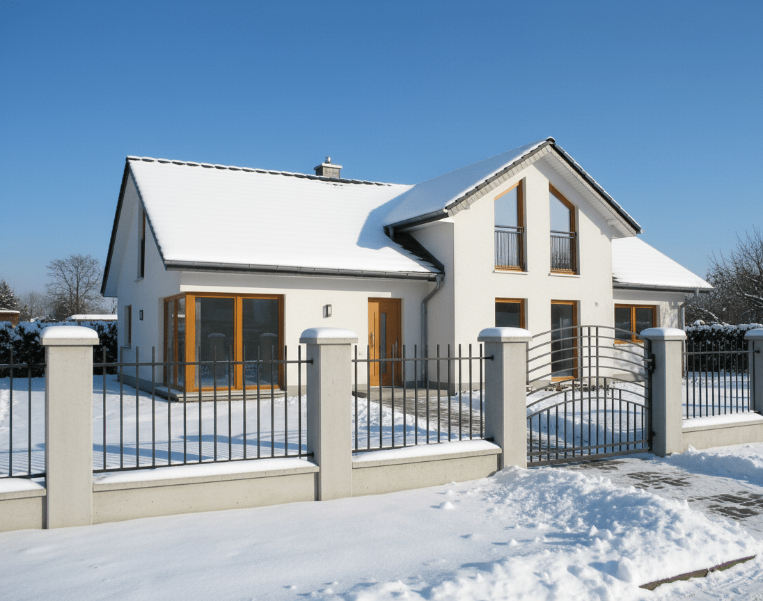 Moderner Metallzaun mit Betonpfeilern im Winter vor Einfamilienhaus