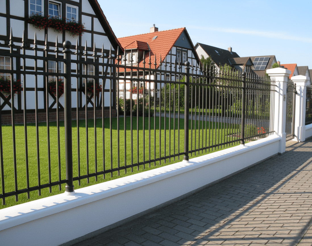 Moderner Metallzaun mit weißen Pfeilern
