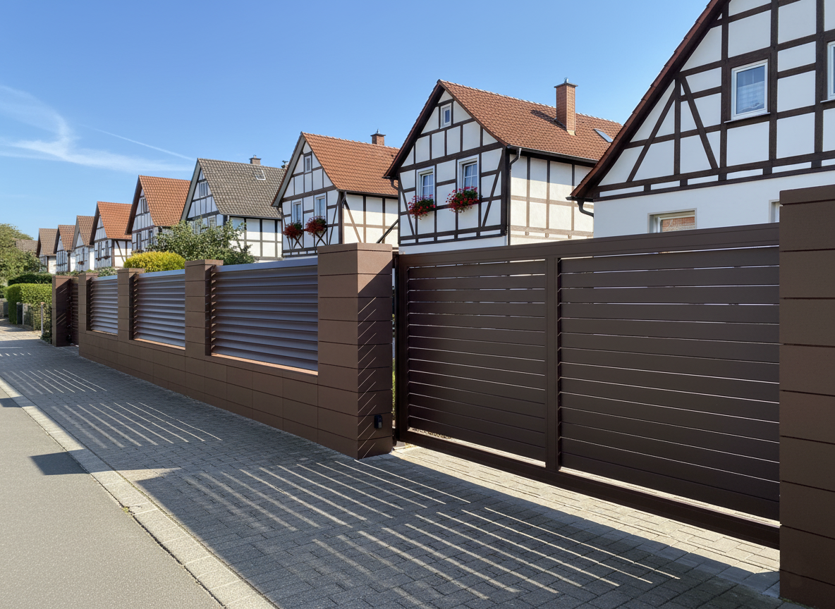 Modernes Aluminiumzaun mit braunen Lamellen vor Fachwerkhäusern